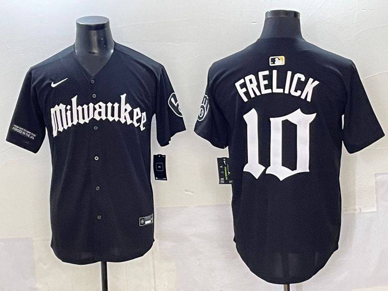Men 2025 Milwaukee Brewers #10 Frelick Black Five generations Joint Name Nike MLB Jersey style 08